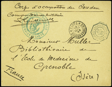 Lettre en franchise avec CAD "Kayes Soudan Français" (1898) + CAD octogonal bleu "Buenos Ayres à Bordeaux 1° LJ n°1" (1908) + cachet vert avec ancre "Soudan Français service de santé". Rare et TB