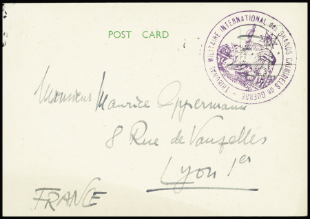 Postcard anglaise "Boy scouts association" avec cachet violet "Tribunal militaire international des grands criminels de guerre" (provenance Nuremberg 1946). TB