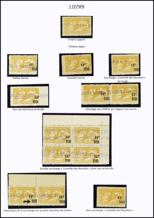 N°193 Ensemble de 13 timbres dont un sans surch. « C des R », 1 N.D. bord de feuille Bloc de 4 avec double surch. « C des R » dont une renversée et une paire dont 1 timbre avec impression de la surcharge des barres