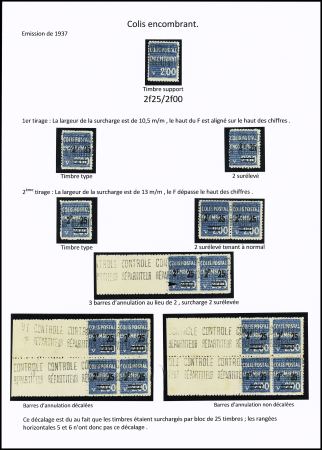 N°42/42A Ensemble sur 2 pages de 20 timbres dont N° 42 avec 2 surélevé, 42A 2 surélevétenant à normal, 2 surélevé avec 3 barres tenant à normal, 2 blocs de 4 avec surch. décalées ou non décalées, erreur 2f