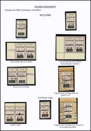 N°77 Ensemble de 10 timbres N. et 2 fragments, dont N.D. entre 2 timbres, N.D. entre 2 timbres sans surch. « C », tenant à non surch., surch. rouge, chiffre 4 cassé, fragment avec surcharge déplacée, fragment avec