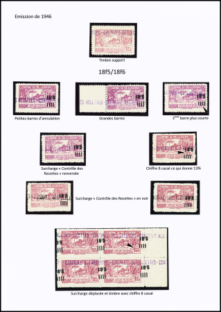 N°163 Ensemble sur 2 pages de 19 timbres dont surch. « C des R » renversée, chiffre 8 cassé donnant 3, surcharges déplacées, à cheval, double surch., N.D. surch. déplacée, N.D. double surch. dont une renversée