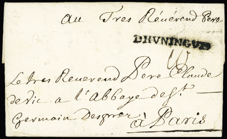 MP "DHUNINGUE" sur lettre 1722 pour le Tr!s Révérend