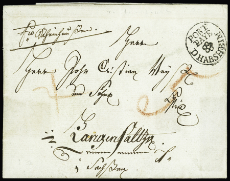 Rare Port payé orné d'Habsheim sur lettre 1786 de Mulhouse