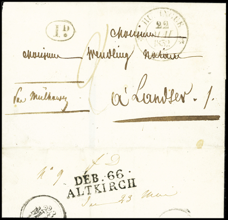 Rare MP "DEB.66 ALTKIRCH" (39x10mm) sur lettre d'huningue