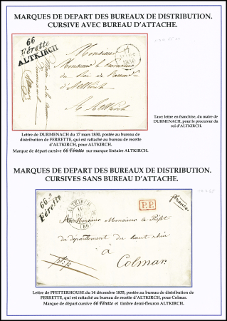 Superbe double cursive "66 Férette ALTKIRCH" + dateur A sur LAC 1830 en franchise pour Altkirch, TTB, R, plus cursive "66 Férette" + PP rouge + T12 Altkirch sur LAC 1835 pour Colmar.
