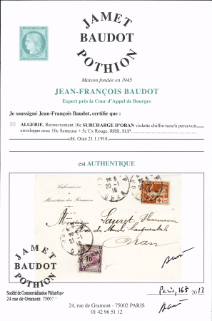 N°1 10c violet avec surcharge d'Oran "chiffre-taxe