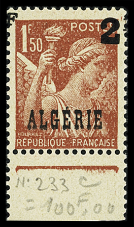 N°233c variété surcharge "2F" à cheval à droite,