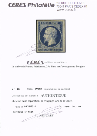 N°10 25c. bleu, neuf avec trace de charnière propre,