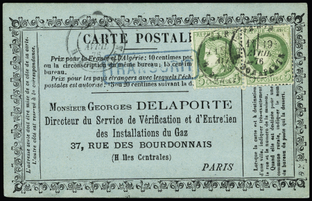 CP privée sur carton bleu vert avec adresse imprimée "Georges Delaporte - installations du gaz" (PRI D 7c), AFF n°53 en paire (PRI D 7 C). Rare et TB. Cote 100€