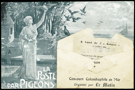 N°130 perforé "M" OBL Tourcoing Nord (22.7.05) sur carte postale "la poste par pigeons" avec sa petite enveloppe et son pigeongramme. TB