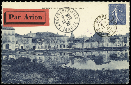 12.10.1926 Berre - Tanger par Bernard et Bougault, carte postale AFF n°205 avec au verso cachet rectangulaire violet "voyage aérien France - Madagascar" et cachet violet avec ancre "aviation maritime Berre" (M160 - 13 