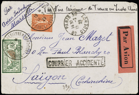 N°199 + 207 OBL grand CAD "Poste aérienne France Indochine" (15.2.29) sur lettre pour Saïgon avec griffe encadrée "courrier accidenté" (M205 - accident Paillard - Le Brix à Moulmein). TB