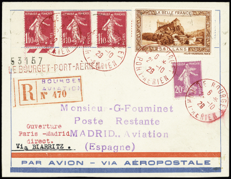 N°190 + 238, 3 pièces, OBL CAD rouge "Le Bourget port aérien" (29.10.29) sur lettre par essai Paris - Madrid (M244). Rare et TB