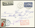 1.6.35 Réunion - Tananarive - (Paris) lettre avec au recto petit cachet rect rouge "Premier courrier aérien Ile Réunion France" + signature Genet et au verso grand cachet rect rouge "Liaison Réunion - Tananarive par 