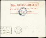 1.6.35 Réunion - Tananarive - (Paris) lettre avec au recto petit cachet rect rouge "Premier courrier aérien Ile Réunion France" + signature Genet et au verso grand cachet rect rouge "Liaison Réunion - Tananarive par 
