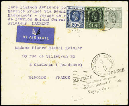 20/1 - 14/2 - 1937. Lettre de L'Ile Maurice pour Bordeaux avec griffe noire "Maurice - France - 1ère liaison aéropostale avion Roland Garros voyage de retour" (M3 Maurice). RR et TB