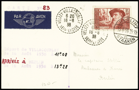 16.8.1938 Villacoublay - Berlin par Vuillemin et Rossi. Carte spéciale n°83 des 93 existantes (M435). Rare et TB