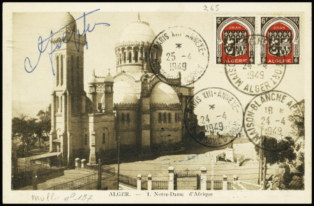 Algérie n°265 en paire OBL Maison Blanche Aéroport (24.4.49) - vol Maison Blanche Orly en 5 heures avec signature du pilote Toepfer (M137 Algérie). RR et TB