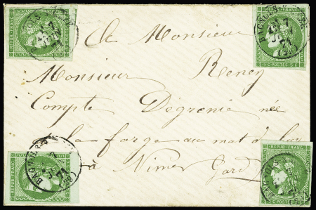 N°42, 5c vert, 4 pièces, OBL CAD T16 "Bagnols-s-Cèze (29)" (7 juin 1871) sur lettre. Rare et TB