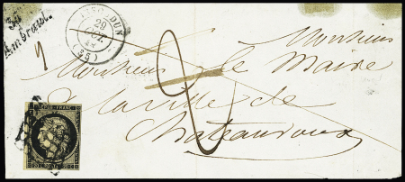 AMBRAULT : n°3 OBL grille + cursive "35 Ambrault" + T15 Issoudun (1849) + taxe 2 manuscrite sur lettre, légères traces de scotch sinon TB, ind 24