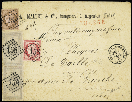 N°33, 2 pièces + 57 + 58 OBL GC 158 + T16 "Argenton-s-Creuse (35)" (1875) sur lettre chargée avec correspondance
