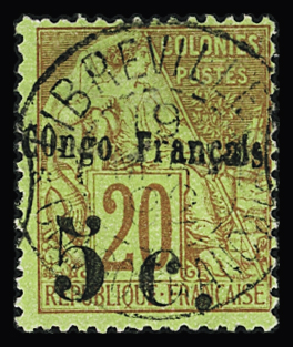 N°3 5c sur 20c brique sur vert, obl., TTB, R, tirage