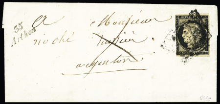 N°3 OBL grille  + cursive "35 Arthon" (25 mars 1849) sur lettre, ind 23. TB