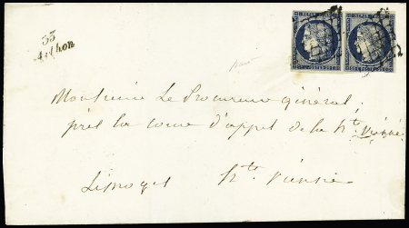 N°4 en paire (1ex leg touché) OBL grille + cursive "35 Arthon" (30 nov 1850), ind 21. TB