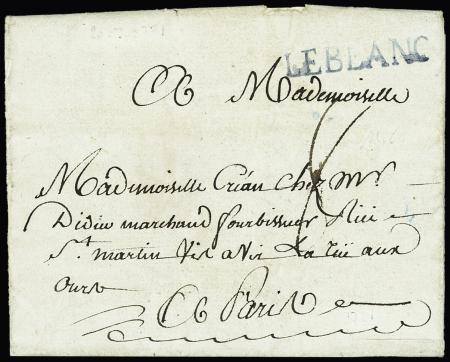 MP "Le Blanc" en bleu (33x6mm - 1781) sur lettre, ind 22. TB