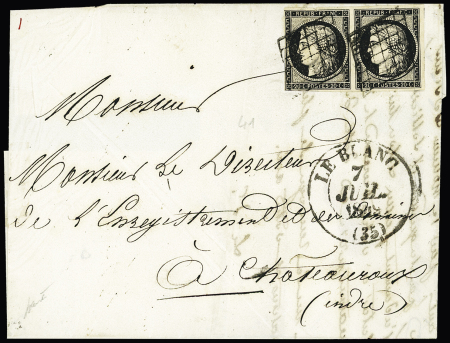 N°3 en paire OBL grille + grand CAD T13 "Le Blanc (35)" (1849) sur lettre, ind 18++. TB