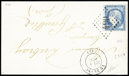 N°44, 20c Bordeaux type 1 OBL GC 490 + T17 Le Blanc (1 dec 70) sur lettre. TB