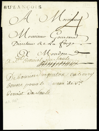 BUZANCAIS : MP "Buzançois" (L n°1, 1772) + marque manuscrite "Déboursé Argenton en Berry", ind 23. RR et TB