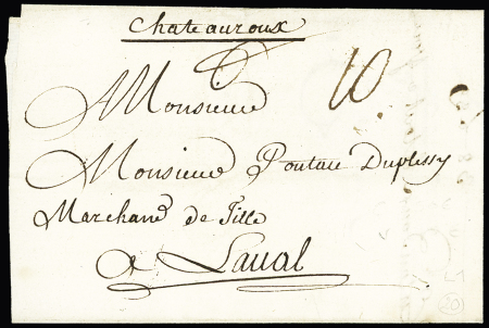CHATEAUROUX : marque manuscrite "Chateauroux" (Lenain n°1) + taxe manuscrite 10, ind 20. TB