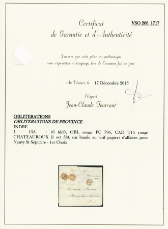 N°13 + 16, touchés, OBL PC rouge 796 + CAD T15 Chateauroux (1 oct 58) sur papier d'affaires. RR et TB
