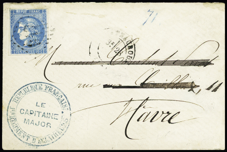 N°46 OBL GC 947 + T17 Chateauroux (28.4.71) sur lettre avec cahet bleu "République française 1er régiment d'évlaireurs - la capitaine major" (adresse partiellement rayée). TB