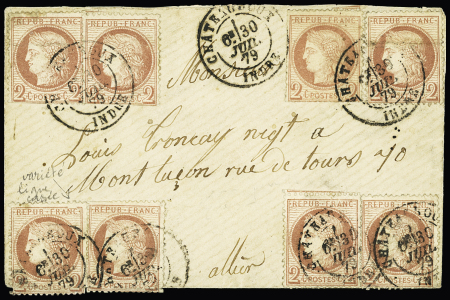 N°51, 2c rouge-brun, 8 pièces OBL CAD tardif T18 "Chateauroux Indre" (30 juil 79) sur lettre AFF à 16c au lieu de 15c (tarif du 1.5.78) pour Montluçon. Spectaculaire et TB