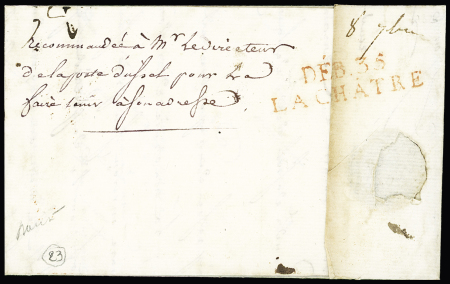 MP rouge "Deb 35 La Châtre" (39 x 10mm), ind 23. Rare et TB