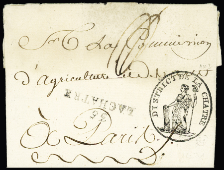 MP "35 La Châtre" (32 x 9mm) + cachet ovale illustré noir "district de La Châtre" sur pli signé de 4 administrateurs (An 2). Jolie pièce très rare, ind 24