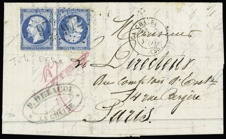 N°22, paire tête-bêche OBL GC 972 + T15 La Châtre (1866), sur lettre, les dentelures des timbres sont touchées mais pièce RR (ind 33)