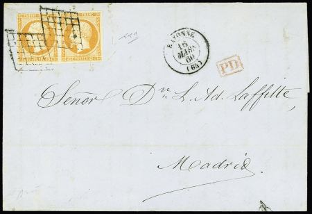 N°16 40c orange en paire obl. grille de Bayonne 16.03.1860