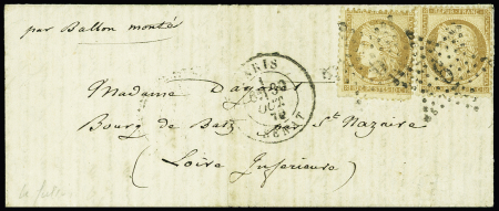BATZ : n°36, 10c bistre en paire, OBL étoile 6 + CAD "Paris Sénat" (30 oct 70) sur ballon monté pour le bourg de Batz par Saint Nazaire. Arrivée 3 nov (Le Fulton). TB