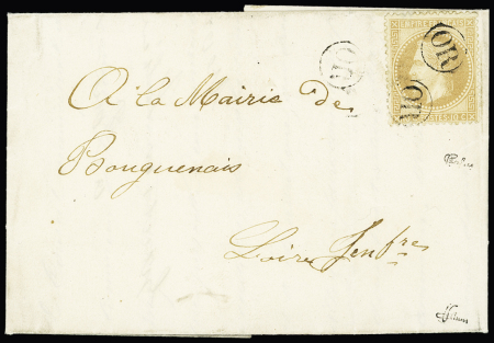 BOUGUENAIS : n°28 OBL "OR" frappé 3 fois sur lettre locale de la mairie de Bouguenais. Signé Calves et JF Brun. Jolie pièce