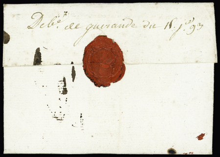 Marque manuscrite "Debcé de Guérande du 15 janv 93". Ind 19. TB