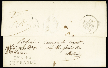 Lettre de Nantes pour le Croisic avec MP "Deb 42 Guérande" (1830) + mention manuscrite "Refusée à cause de la taxe", ind 20. TB