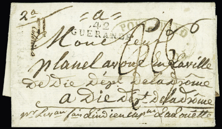 Lettre de l'Ile Maurice pour Die (Drôme) avec entrée occasionnelle "42 Guérande" + "colonies " manuscrite (1821), ind 21. RRR et TB
