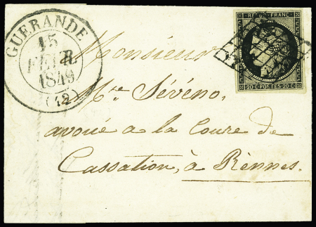N°3 OBL grille + grand CAD T13 "Guérande" (1849) sur lettre pour Rennes, ind 18, jolie pièce