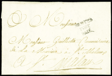 Lettre de Nantes pour Saint Malo (1784) avec MP sur 3 lignes "Nantes port payé" (L9), ind 25. RR et TB