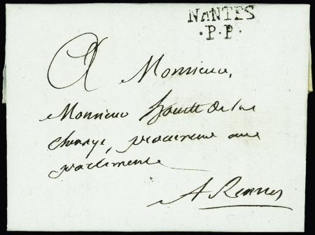 Lettre  de Nantes pour Rennes (1788) avec MP "Nantes PP" sur 2 lignes (L10), ind 23. RR et TB