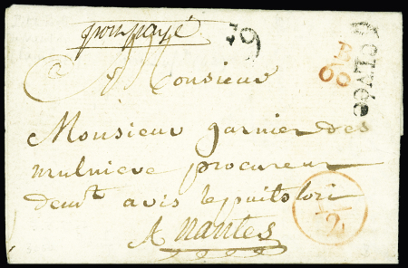PETITE POSTE DE NANTES : Précurseur du 3 mai 1777 : lettre de Paimboeuf pour Nantes en port-payé avec mention manuscrite + empreinte de facteur K2 et de boitier B60 en rouge + quantième et levée en noir. La Petite Po